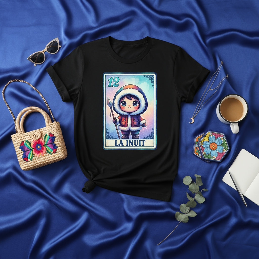 LA INUIT Loteria Card Shirt, Cute Kawaii Design, Unisex Graphic Tee, Number 12 Mexican Bingo Game Art, Inuit Child with Spear and Parka, Unique Cultural Gift Idea, Short Sleeve Black T-Shirt Apparel