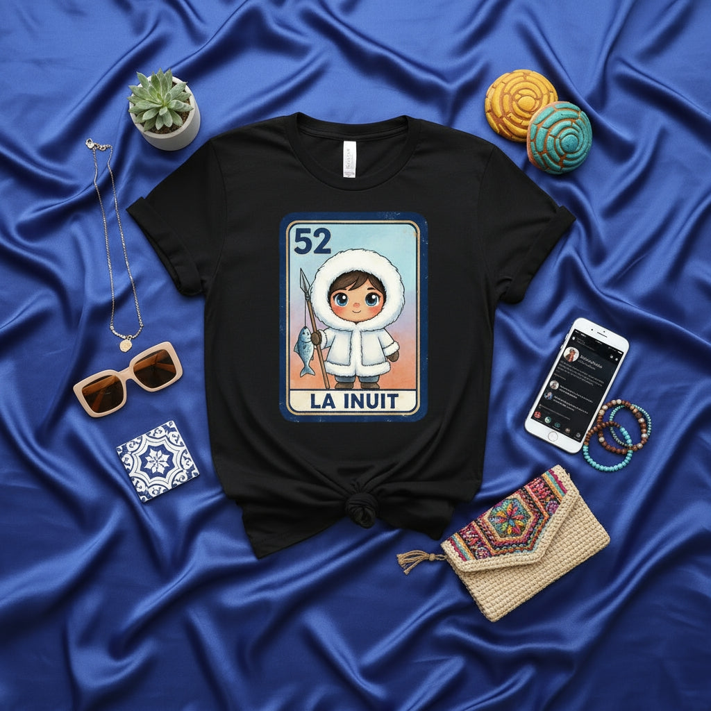 LA INUIT Loteria Card T-Shirt Cute Inuit Boy in Anorak Holding Spear and Fish Mexican Bingo Game Design Unisex Black Tee Shirt Gift Idea
