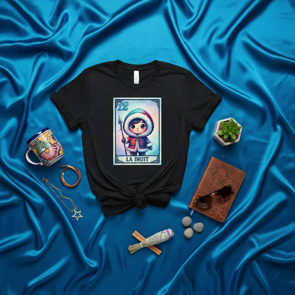 LA INUIT Cute Child Arctic Parka Spear Loteria Card T-Shirt, Mexican Bingo Game Inspired Unisex Tee, Number 12 Design for Winter Lovers