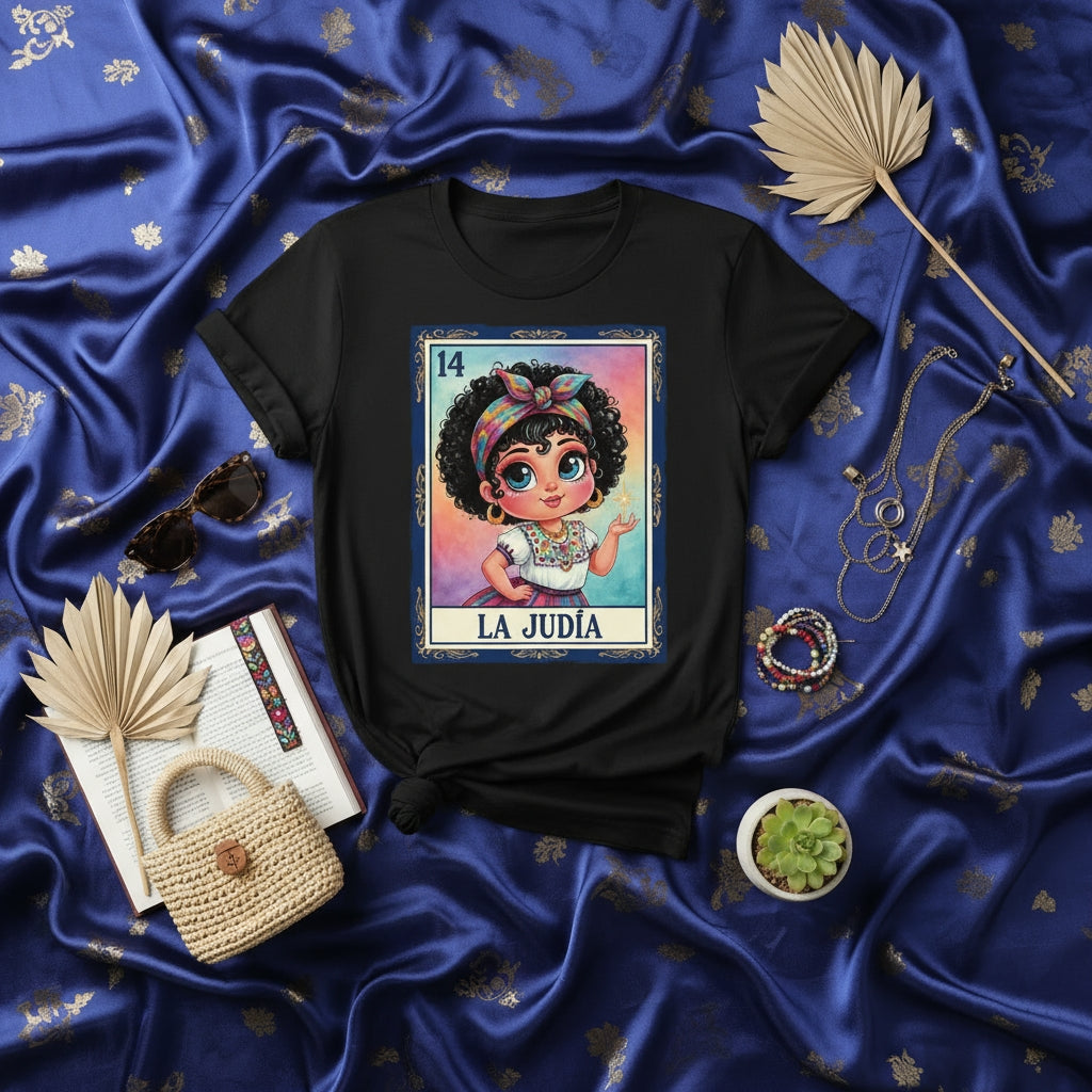 LA JUDÍA 14 Mexican Loteria Card Graphic Tee, Cute Curly Hair Girl Illustration T-Shirt, Hispanic Heritage Traditional Game Shirt, Gift for Her