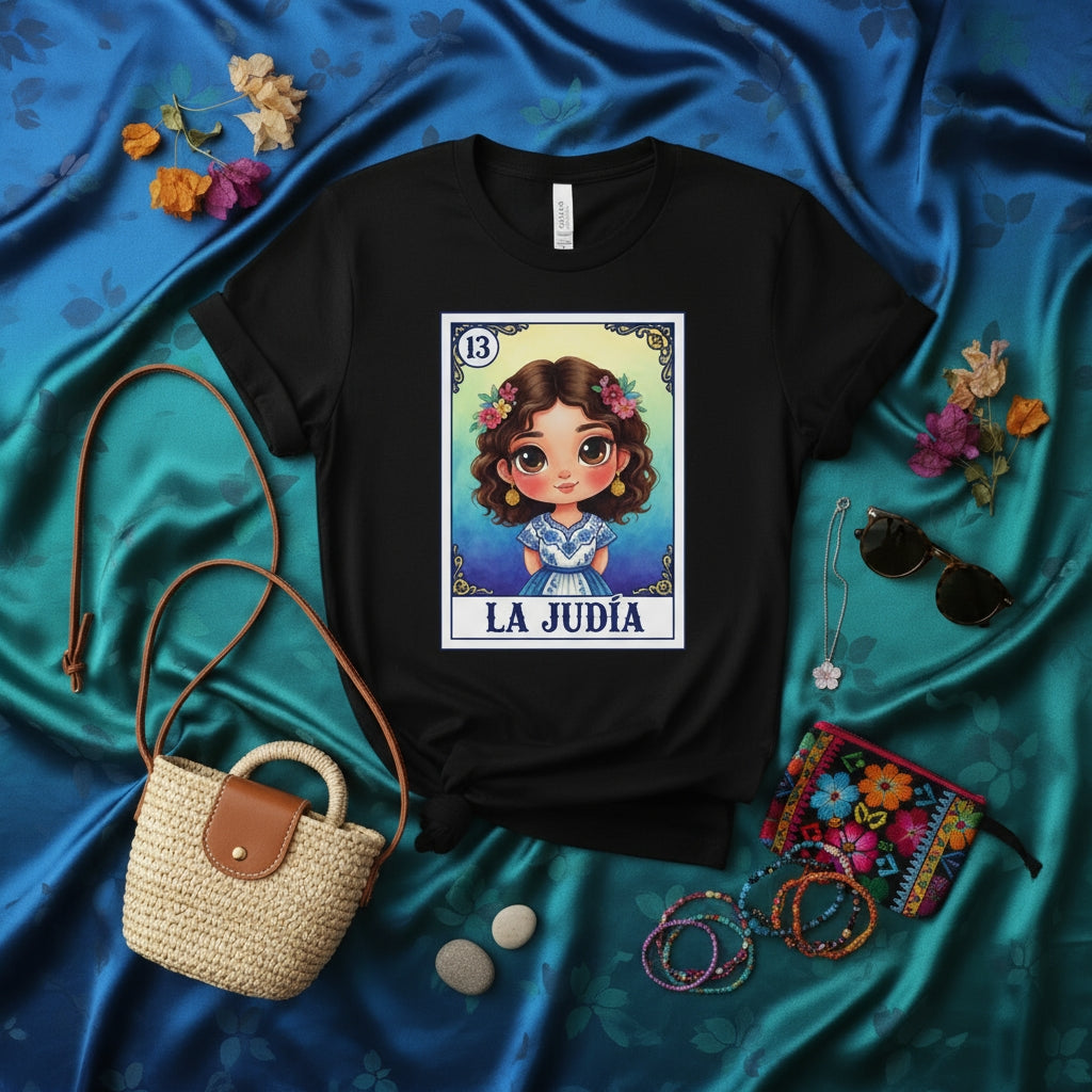 LA JUDÍA Cute Chibi Girl Loteria Card T-Shirt, Mexican Bingo Game Inspired Graphic Tee, Number 13 La Dama Style Character Shirt, Unisex Cultural Gift Top, Aesthetic Folk Art Design Apparel