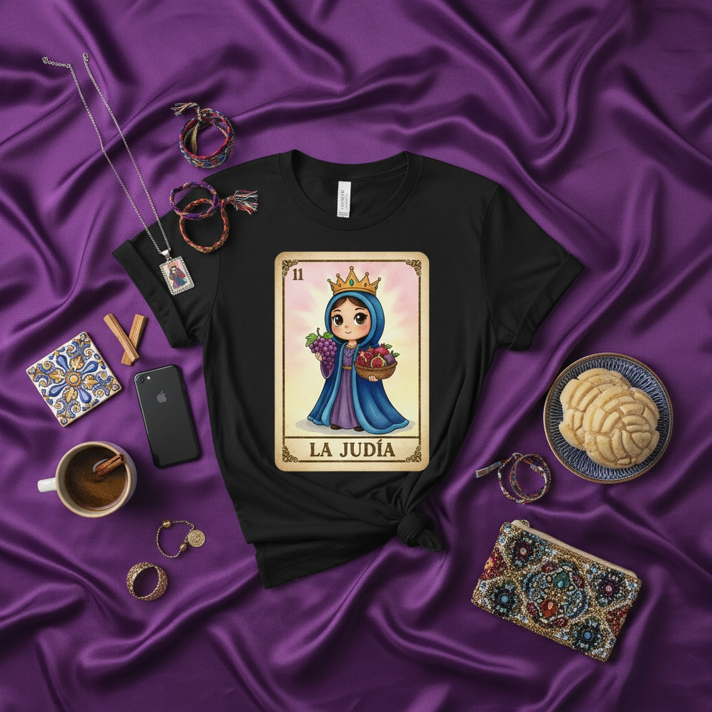 LA JUDÍA Lotería Card T-Shirt, Cute Queen Character with Grapes and Crown, Mexican Bingo Style Graphic Tee, Unisex Gift for Her