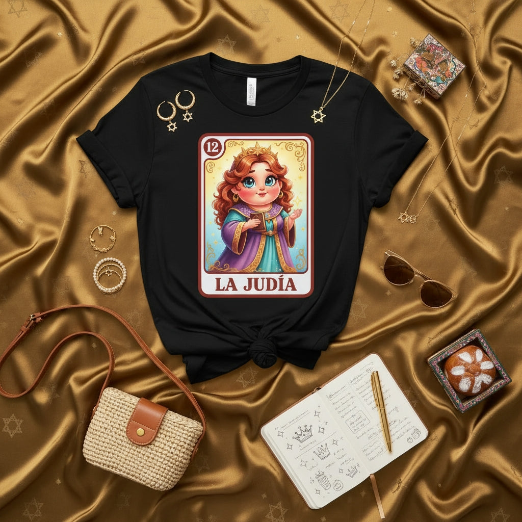 LA JUDÍA La Lotería Card T-Shirt Queen of Israel Jewish Princess Apparel Gift Unisex Tee with Star of David Jewelry Accessories and Crown Design Number 12