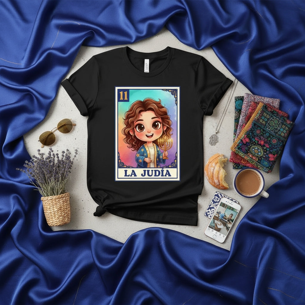 LA JUDIA La Lotería Card 11 Cute Cartoon Girl with Menorah Jewish Pride T-Shirt Unisex Black Tee Gift