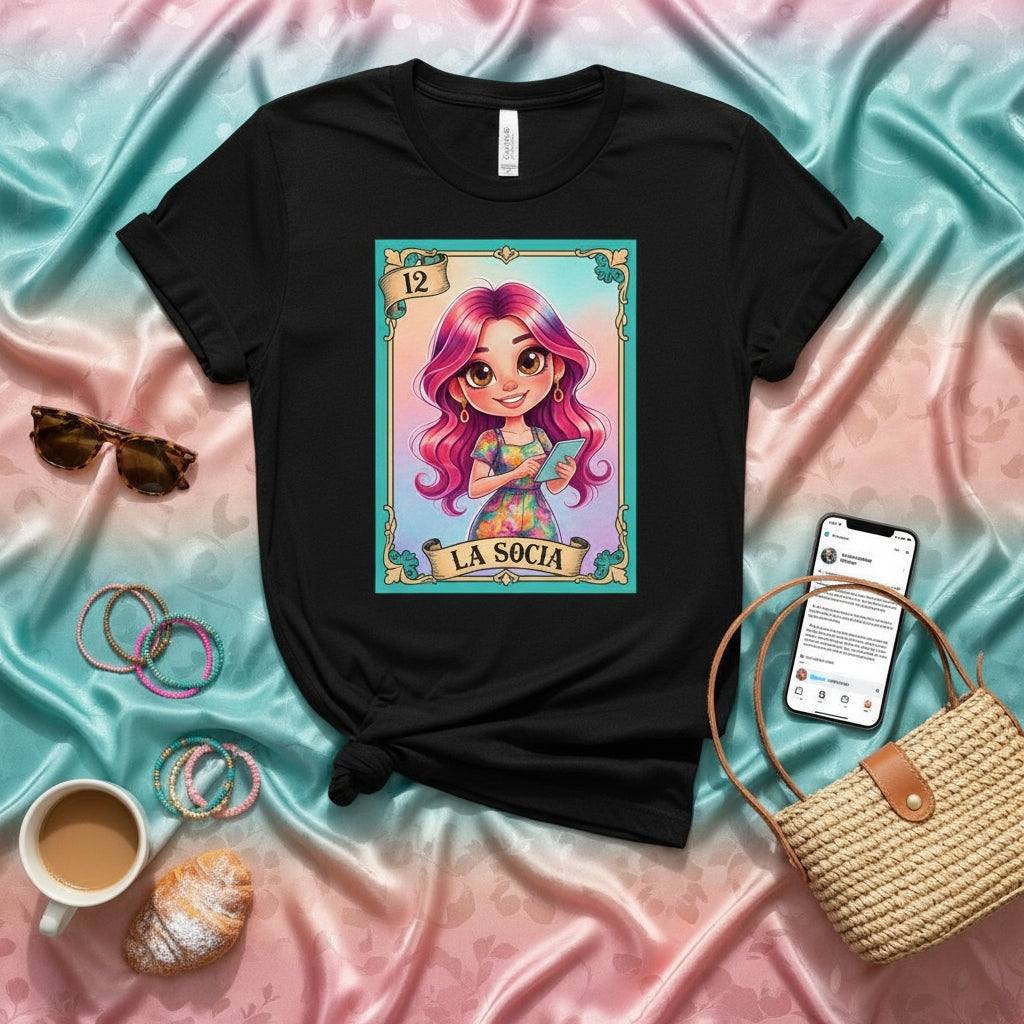 LA SOCIA Modern La Lotería Card T-Shirt, Cute Cartoon Girl with Pink Hair Graphic Tee, Mexican Bingo Game Inspired Unisex Shirt, Colorful Latina Style Apparel, Number 12 Design Gift
