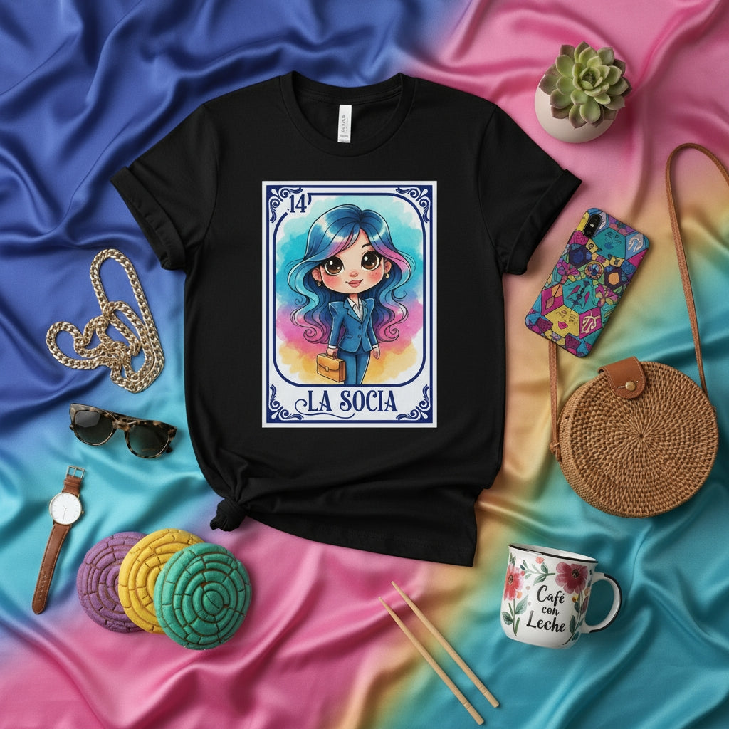 La Socia Loteria Card T-Shirt Cute Boss Babe Businesswoman Graphic Tee Mexican Bingo Game Art Latina Entrepreneur Gift Idea Unisex Black Shirt