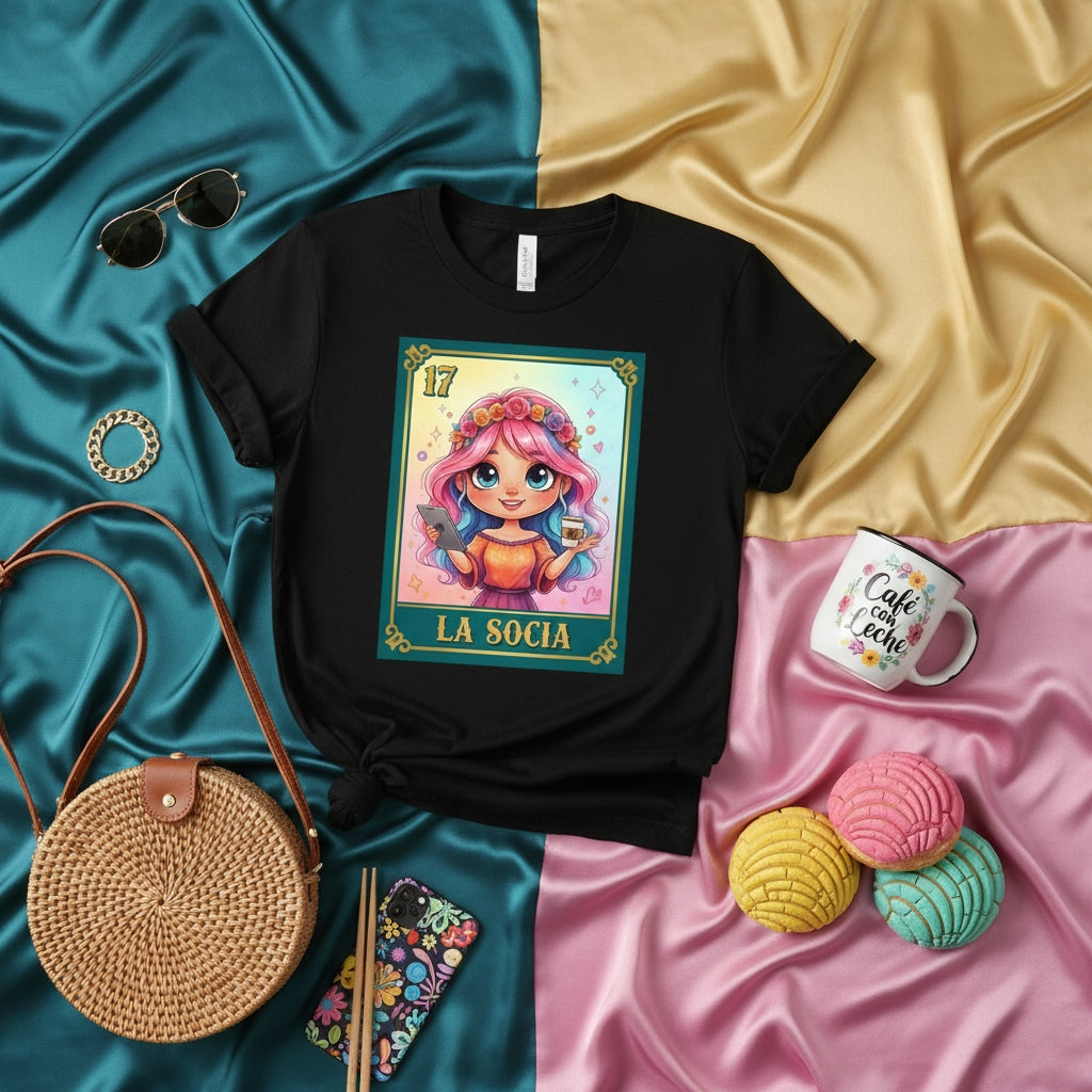 LA SOCIA Loteria Card T-Shirt Cute Modern Woman Cartoon Design Unisex Graphic Tee Mexican Bingo Game Inspired Apparel for Latina Culture Lovers