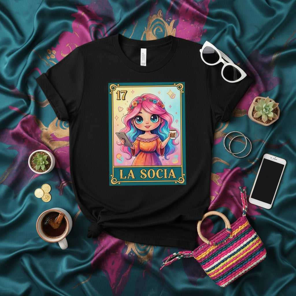 LA SOCIA 17 Loteria Card T-Shirt Cute Cartoon Girl Holding Tablet Coffee Latina Entrepreneur Small Business Owner Tee Unisex Graphic Print Shirt