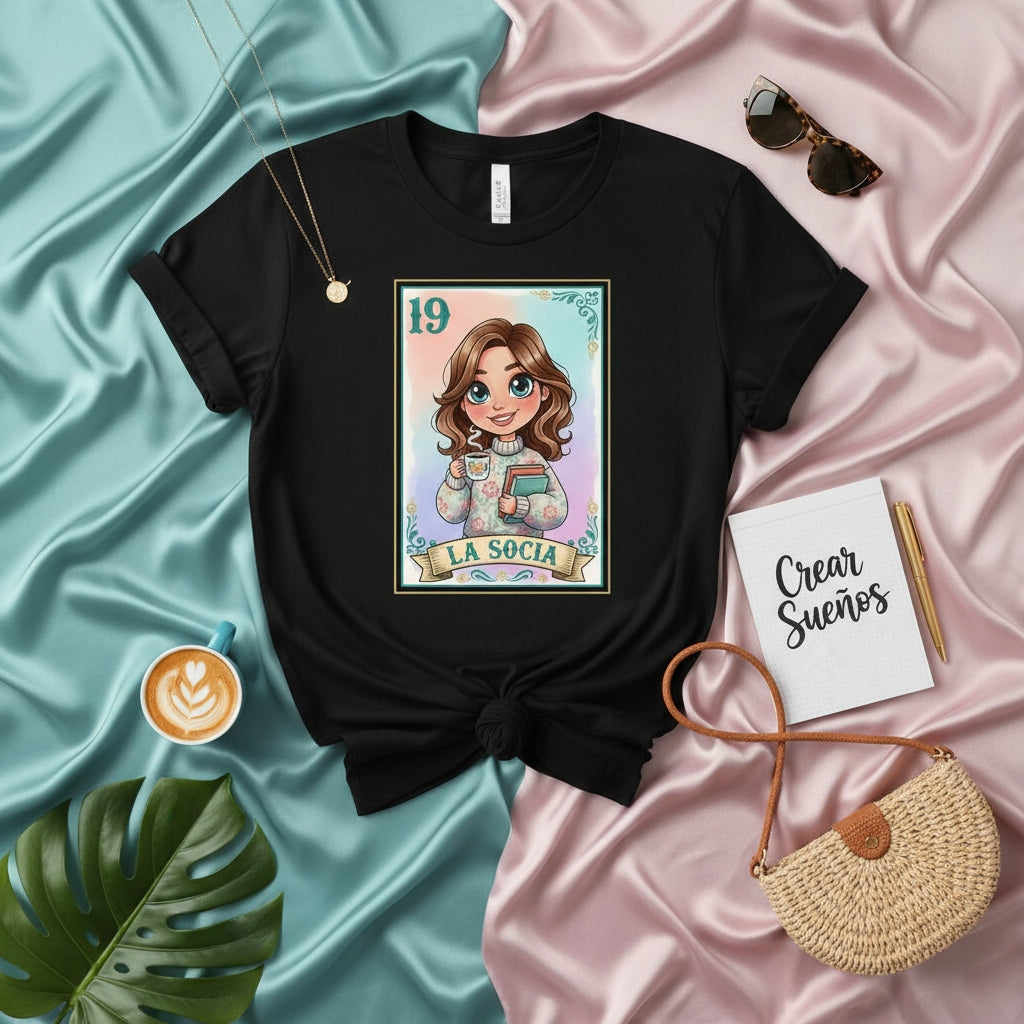 LA SOCIA Latina Lotería Card T-Shirt Cute Cartoon Woman Coffee Book Graphic Tee Unisex Gift for Her
