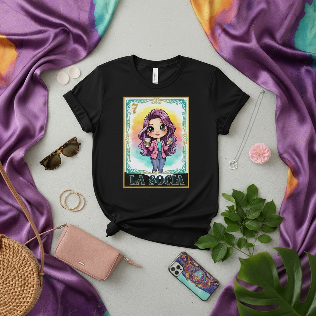 LA SOCIA Loteria Card T-Shirt: Cute Cartoon Woman Graphic Tee, Mexican Bingo Inspired Design, Short Sleeve Unisex Fashion Top, Kawaii Style Pink Hair Girl with Coffee Cup and Phone