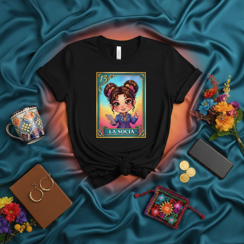 LA SOCIA Cute Chibi Entrepreneur Loteria Card T-Shirt, Mexican Bingo Game Inspired Unisex Graphic Tee, Latina Business Owner Gift Apparel