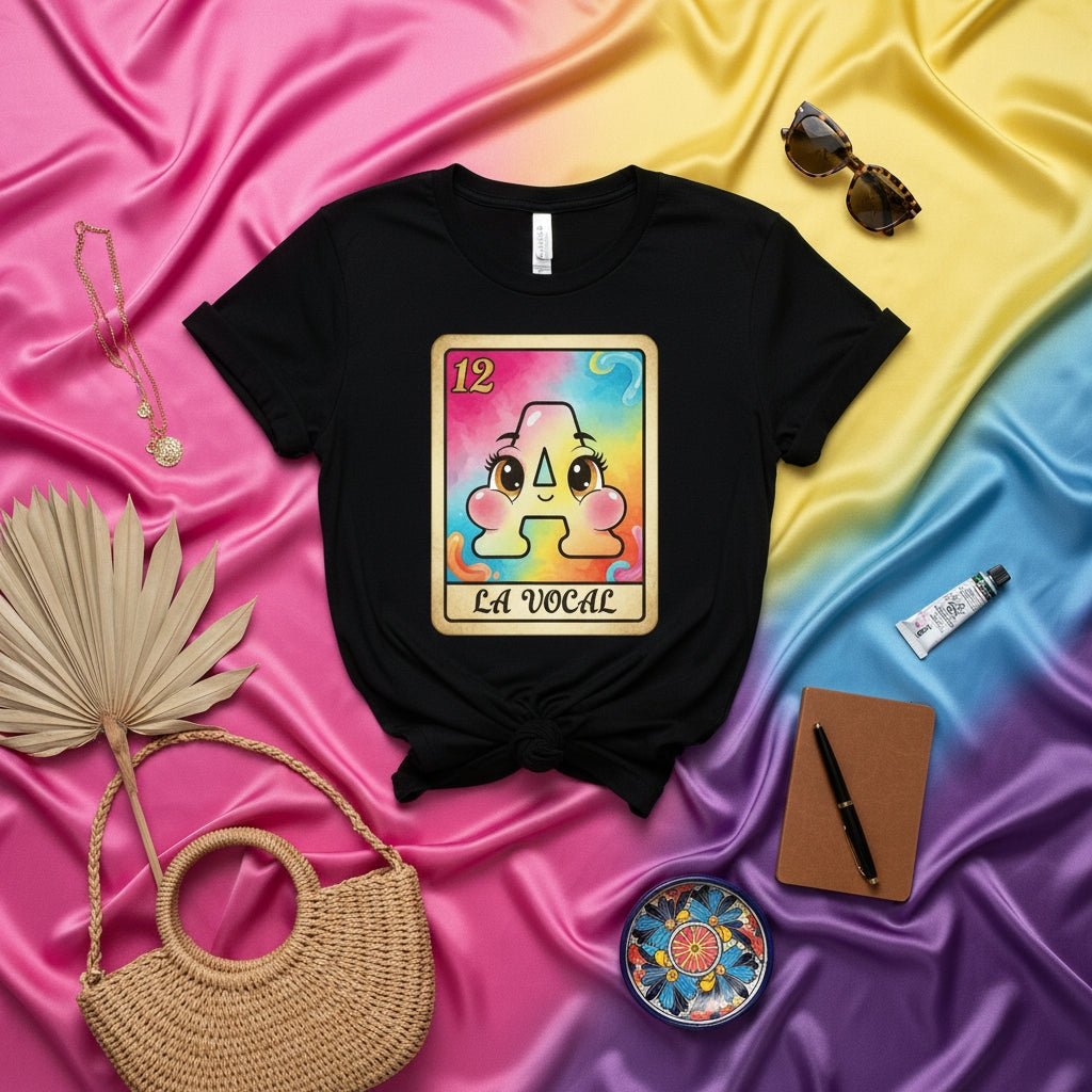 LA VOCAL Loteria Card T-Shirt Cute Letter A Vowel Graphic Tee Colorful Kawaii Mexican Game Unisex Shirt