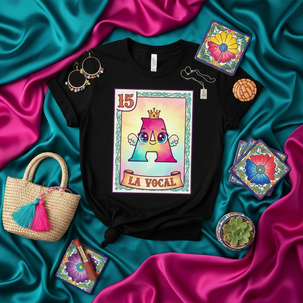 LA VOCAL Cute 'A' Loteria Card T-Shirt, Colorful Mexican Bingo Inspired Graphic Tee, Number 15 Character with Crown and Wings, Fun Hispanic Culture Apparel, Unisex Top
