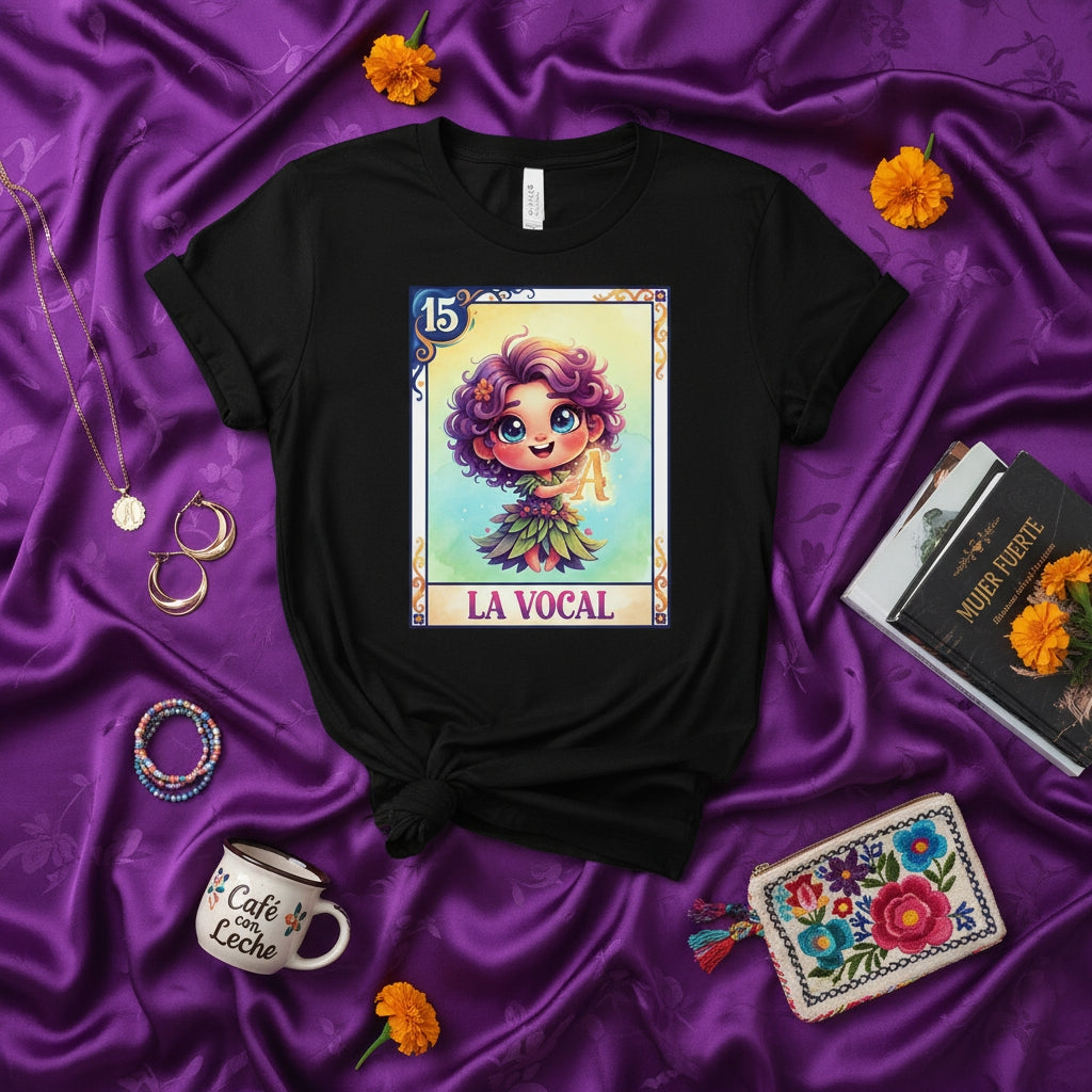 LA VOCAL Loteria Card T-Shirt, Cute Cartoon Girl Character Graphic Tee, Mexican Bingo Game Inspired Unisex Top, Number 15 Unique Design