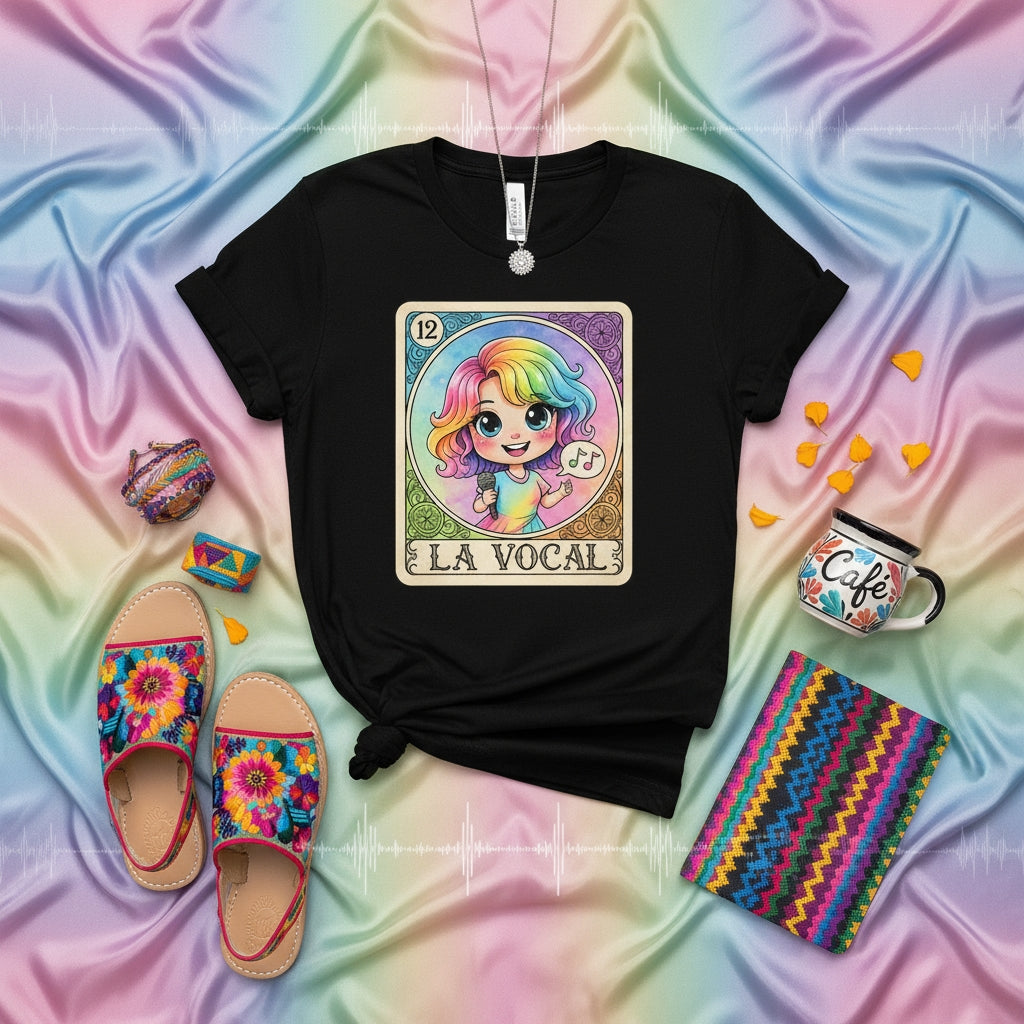 LA VOCAL Loteria Card T-Shirt, Cute Rainbow Vocalist Singing, Mexican Bingo Game Style Graphic Tee, Unisex Singer Gift Shirt for Music Lovers, Colorful Folk Art Inspired Apparel