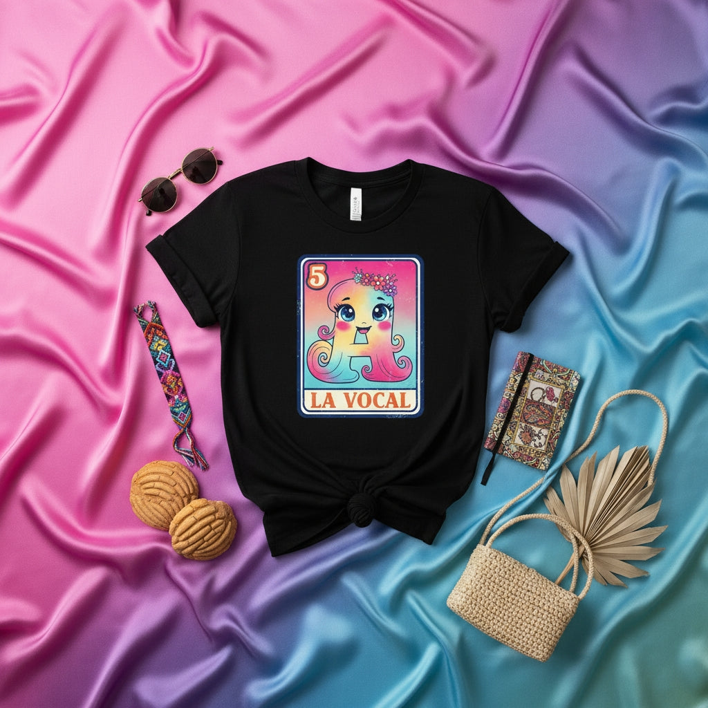 LA VOCAL Cute Mexican Loteria Card Graphic Tee, Rainbow Letter A Shirt, Funny Spanish Alphabet Game T-shirt, Fiesta Cinco de Mayo Gift, Unisex Black Top