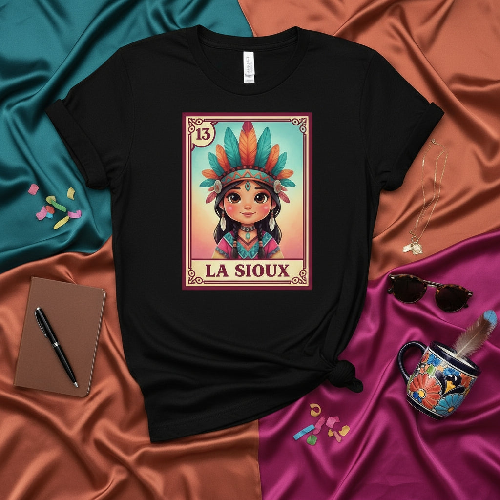 LA SIOUX Loteria Card T-Shirt, Indigenous Girl Portrait Graphic Tee, Native American Style Design, Funny Mexican Bingo Game Top, Unisex Gift for Her or Him