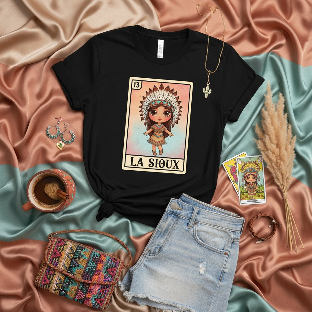 LA SIOUX Loteria Card Shirt, Native American Chieftain Headdress Design, Cute Boho Graphic Tee, Unisex Lotería Game Inspired Gift, Number 13 Mexican Bingo Style T-Shirt