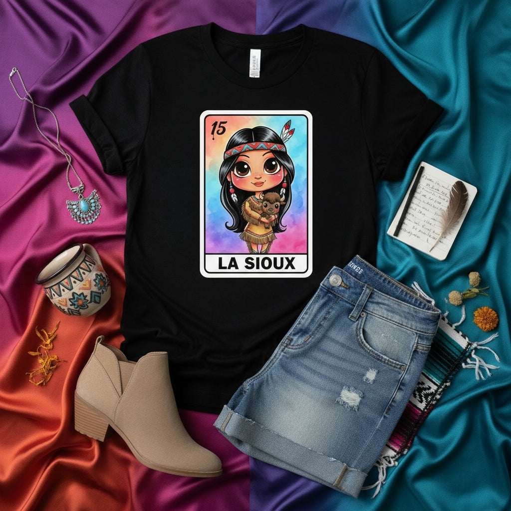 LA SIOUX Native American Cartoon Girl Bison Graphic T-Shirt, Loteria Card Style Indigenous Design Unisex Tee, Number 15 Casino Game Art Print Short Sleeve Shirt