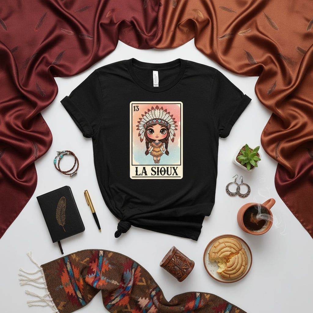 LA SIOUX Loteria Card Shirt, Native American Chibi Girl Headdress Tee, Indigenous Inspired Mexican Bingo Game Art T-Shirt, Cute Tribal Festival Graphic Print, Number 13, Unisex Gift Idea