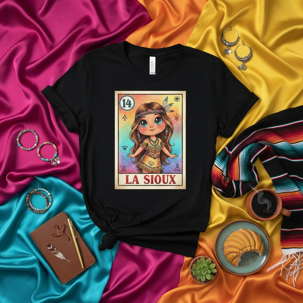 LA SIOUX Loteria Card Graphic Tee - Native American Inspired Design T-Shirt, Cute Boho Style Casual Shirt, Indigenous Heritage Inspired Unisex Apparel