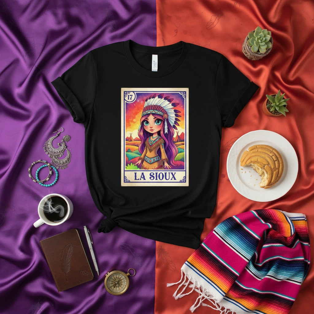 LA SIOUX Loteria Card Graphic Tee, Native American Maiden Headdress Art Print Unisex T-Shirt, Colorful Retro Mexican Bingo Game Style Apparel, Indigenous Inspired Design Shirt for Men and Women