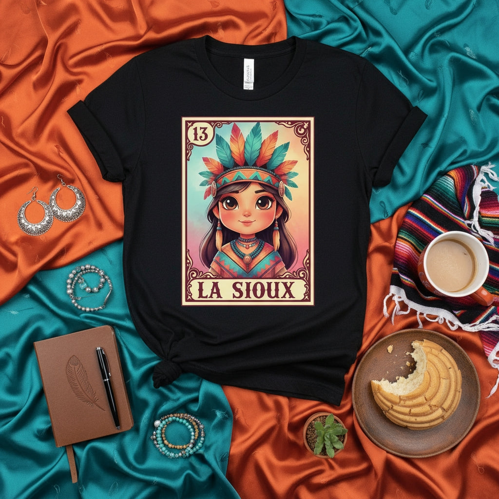 LA SIOUX Loteria Card Shirt, Native American Woman Headdress Graphic Tee, Indigenous Culture Inspired T-Shirt, Cute Cartoon Style Unisex Clothing, Card 13 Design, Mexican Bingo Game Art Top