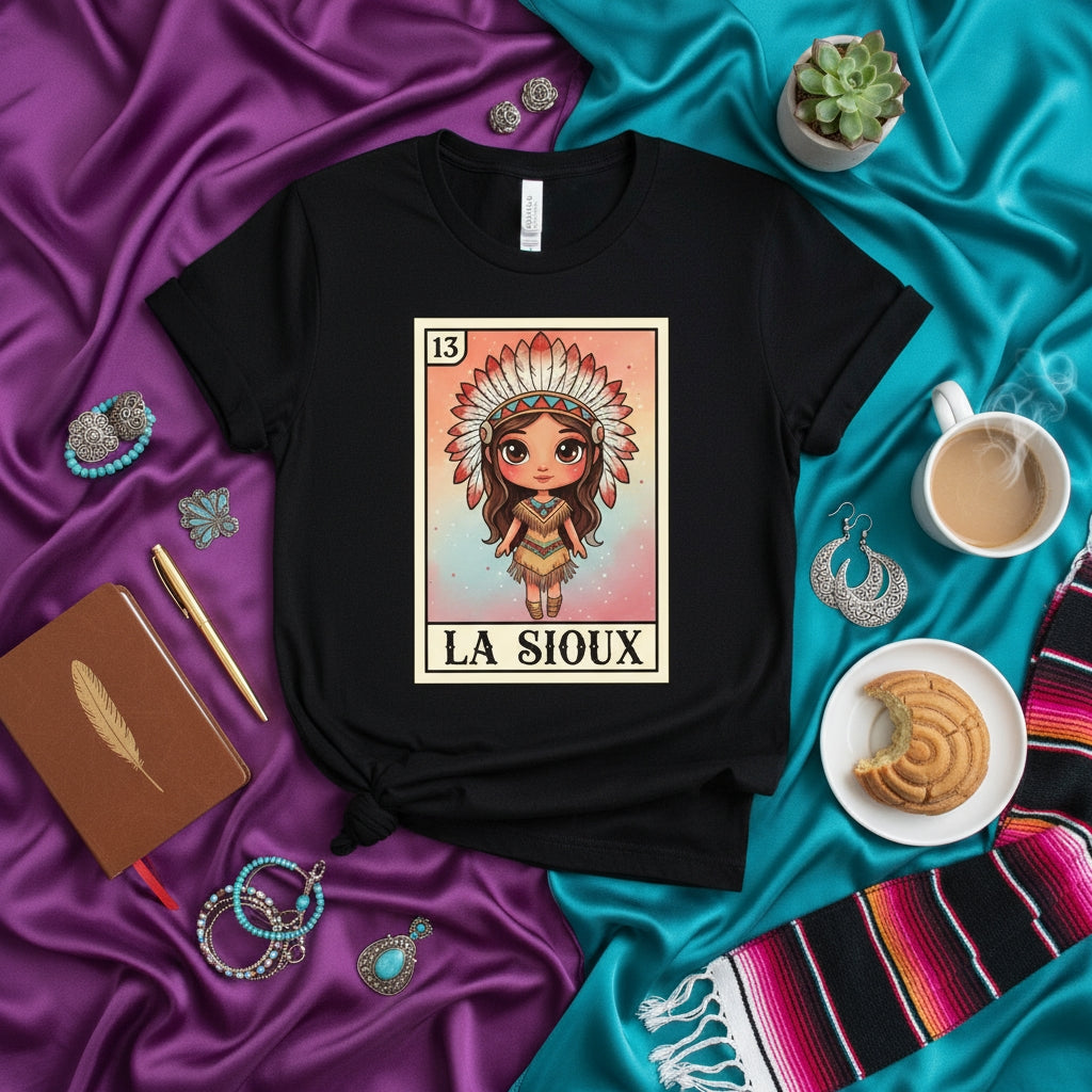 LA SIOUX Loteria Card Shirt, Native American Woman Headdress, Mexican Bingo Game Art, Indigenous Pride Tee, Cute Chibi Artwork, Unisex Graphic T-Shirt Gift