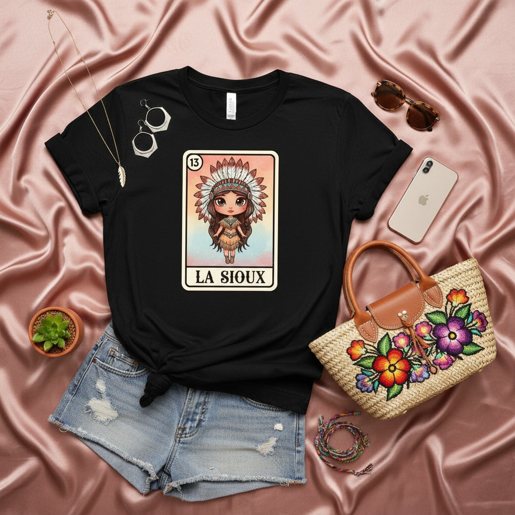 LA SIOUX Loteria Card Shirt, Native American Woman Headdress Graphic Tee, Cute Indigenous Culture Unisex T-Shirt Gift Idea