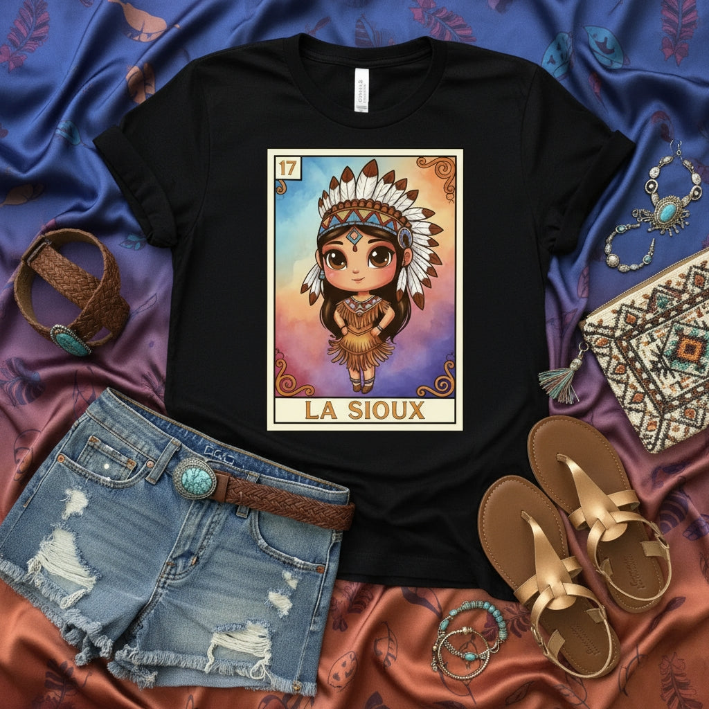 LA SIOUX Lotería Card T-Shirt with Cute Native American Girl Graphic, Traditional Indigenous Headdress, Unisex Black Tee Shirt, Southwest Inspired Style, Casino Game Design, Number 17 (238 characters)