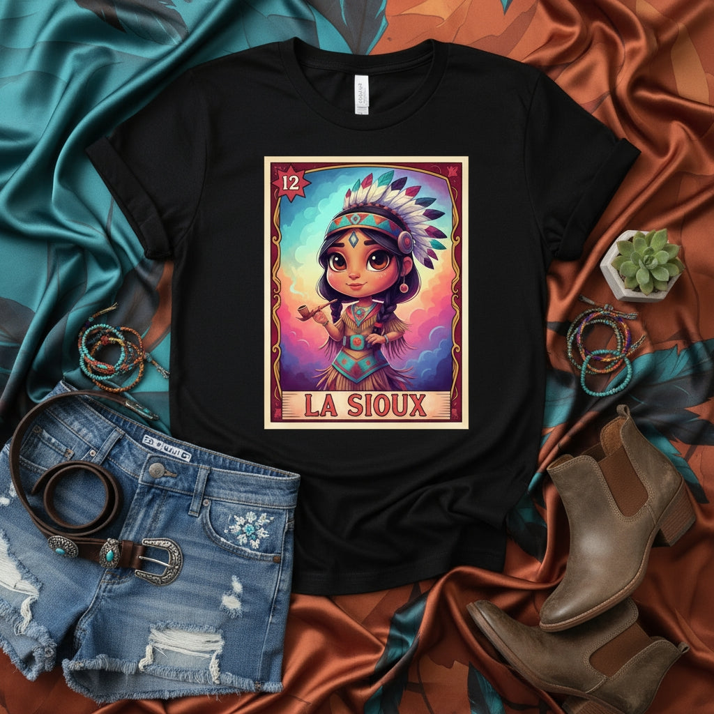 LA SIOUX Loteria Card Graphic Tee - Native American Girl Headdress T-Shirt, Indigenous Art Shirt, Mexican Bingo Game Inspired Unisex Apparel, Cultural Aesthetic Clothing