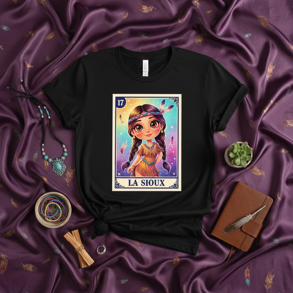 LA SIOUX Loteria Card Graphic T-Shirt, Indigenous Girl Cartoon Tee, Number 17 Tribal Style Unisex Shirt, Native American Inspired Design Apparel