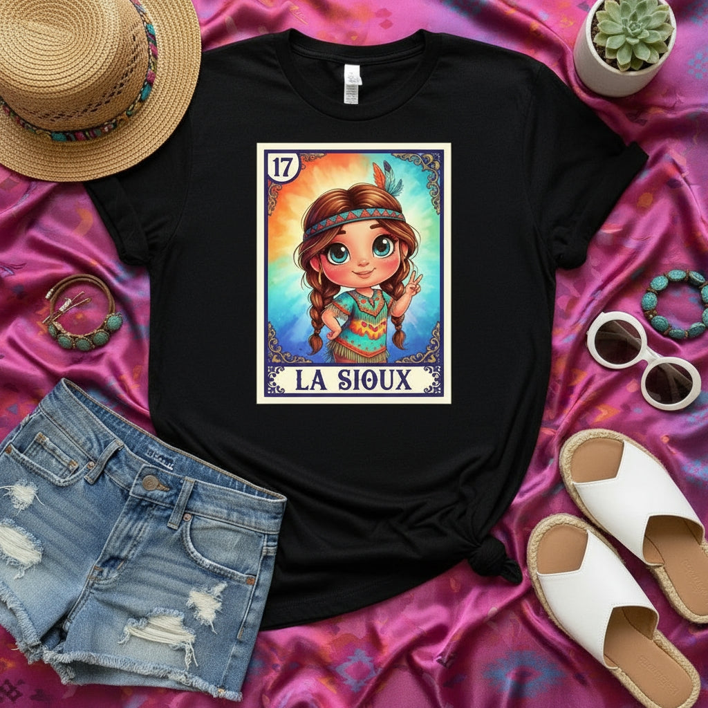 LA SIOUX Loteria Card T-Shirt, Cute Cartoon Native American Girl Graphic Tee, Mexican Bingo Inspired Design, Indigenous Culture Gift, Unisex Black Shirt