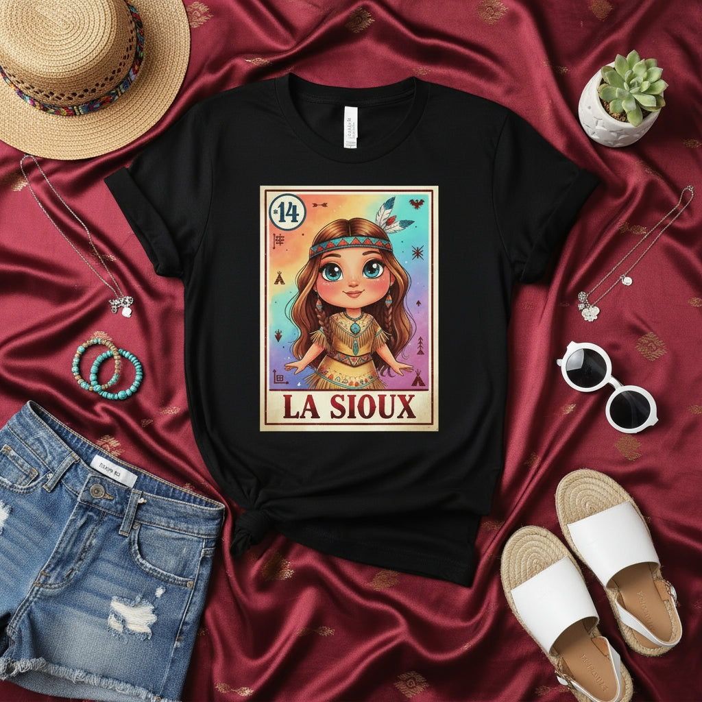 LA SIOUX Loteria Card Shirt, Native American Inspired Graphic Tee, Number 14 La Dama Indigenous Culture Design, Cute Cartoon Unisex T-Shirt Gift