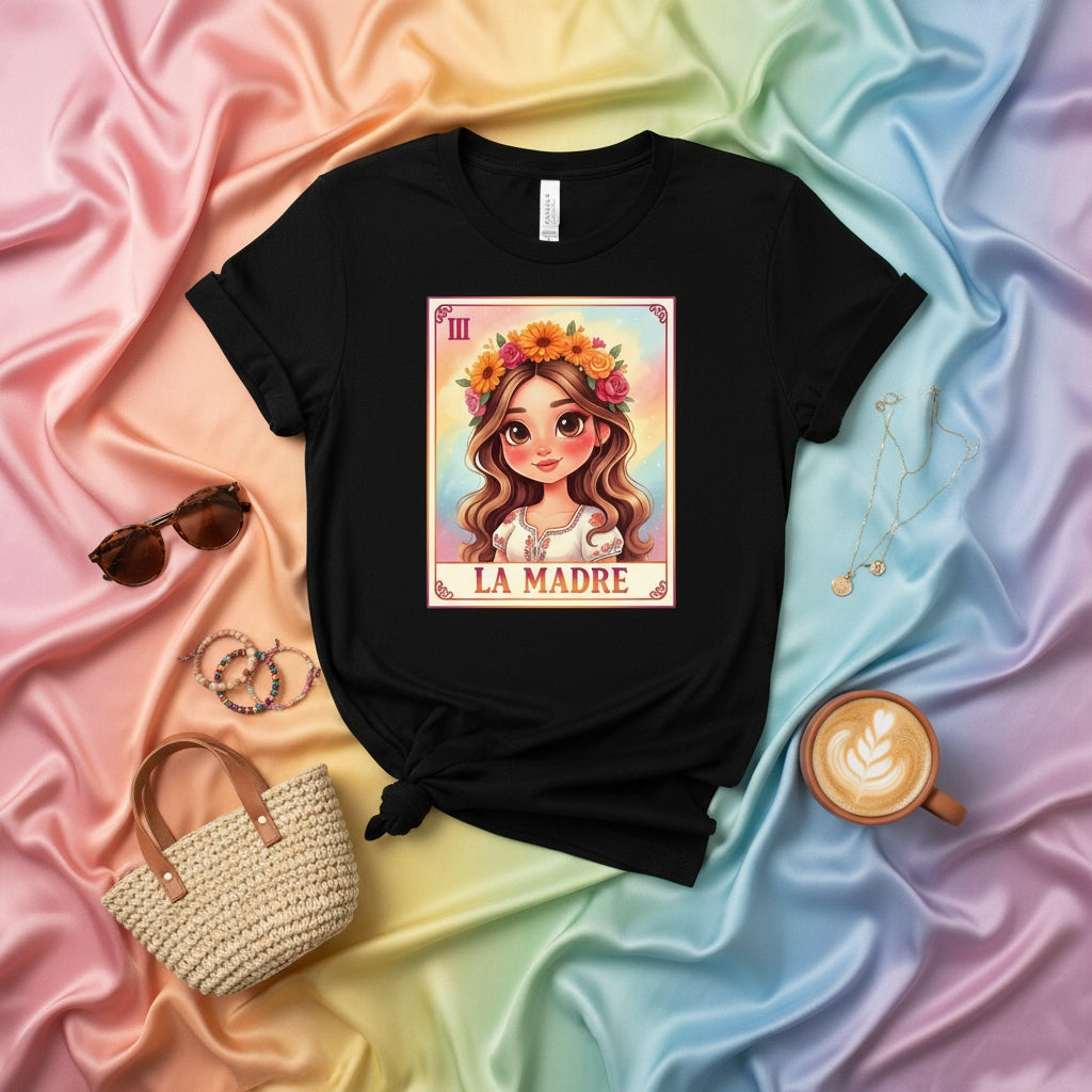 LA MADRE Cute Floral Crown Woman Lotería Card T-Shirt, Mexican Bingo Mother's Day Gift Tee, Spanish Culture Unisex Graphic Shirt, Aesthetic Style Apparel