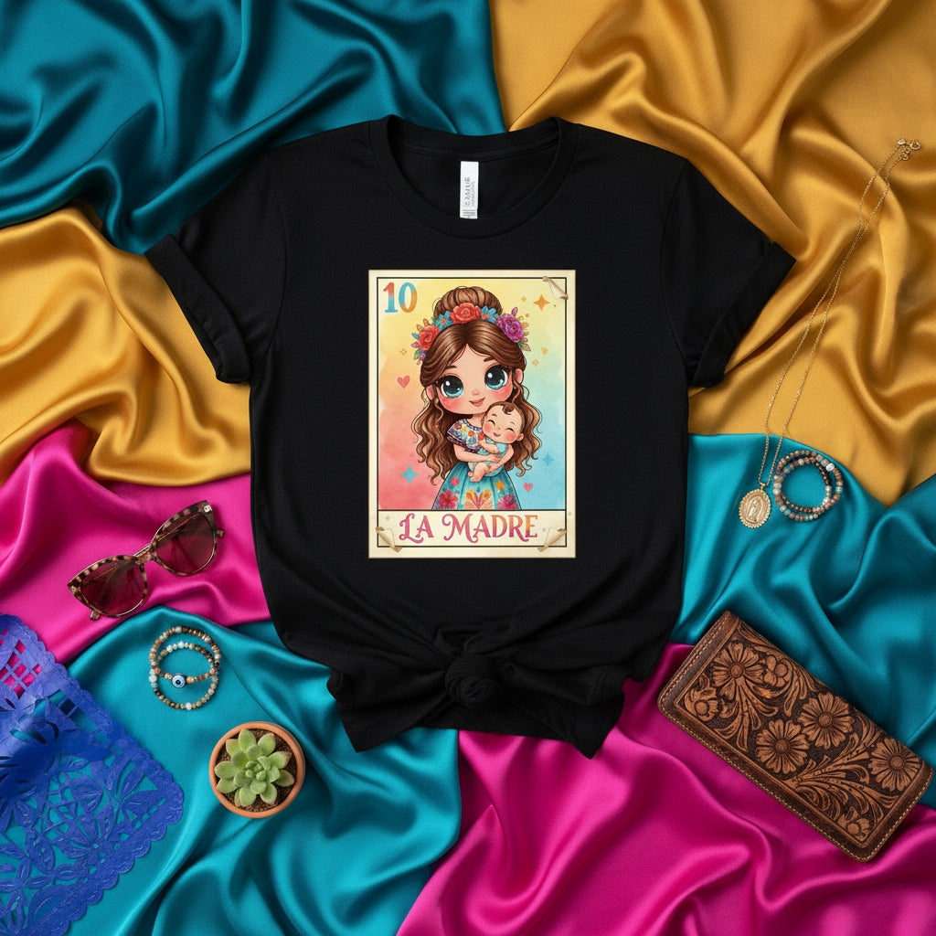 La Madre Lotería Card T-Shirt Cute Mother's Day Gift for Mom, Latina Boho Style Unisex Tee, Mexican Bingo Game Art Shirt, Baby Shower Present for New Mother, Colorful Design Graphic Top
