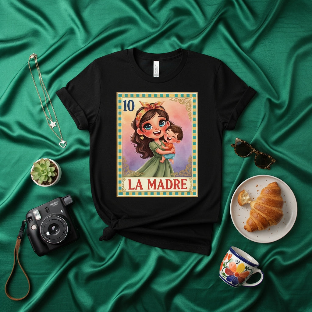 LA MADRE Mexican Loteria Card Graphic T-Shirt | Cute Mother Holding Child Drawing | Unisex Tee Gift for Mom, Mother's Day, or Latina Culture Lovers