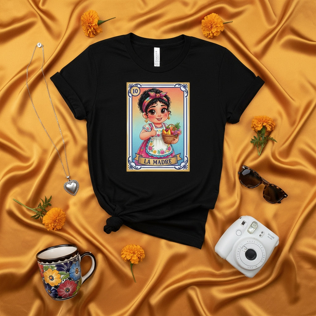LA MADRE Mexican Loteria Card Graphic T-Shirt | Cute Mother Holding Child Drawing | Unisex Tee Gift for Mom, Mother's Day, or Latina Culture Lovers