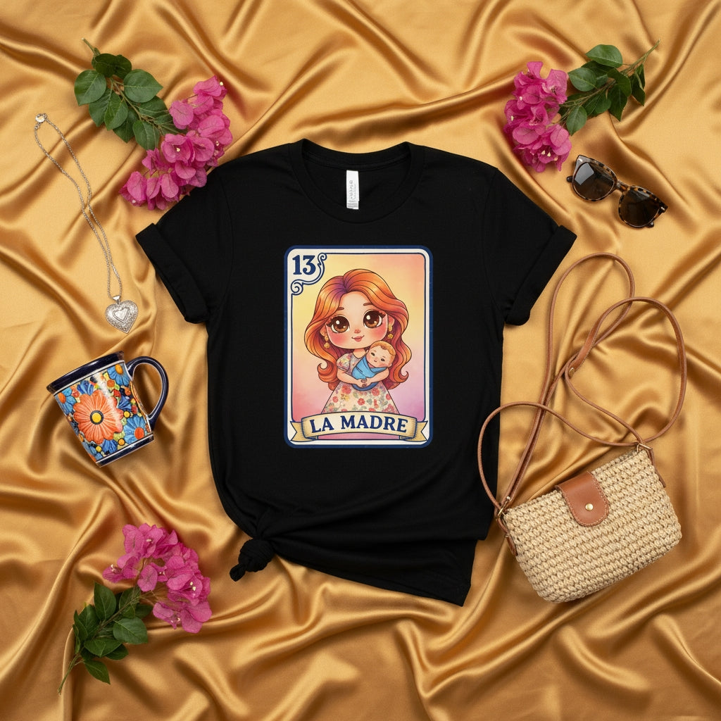 La Madre Loteria Card T-Shirt, Cute Mama & Baby Mother's Day Gift Tee, Mexican Bingo Game Design, Cartoon Art Unisex Black Shirt
