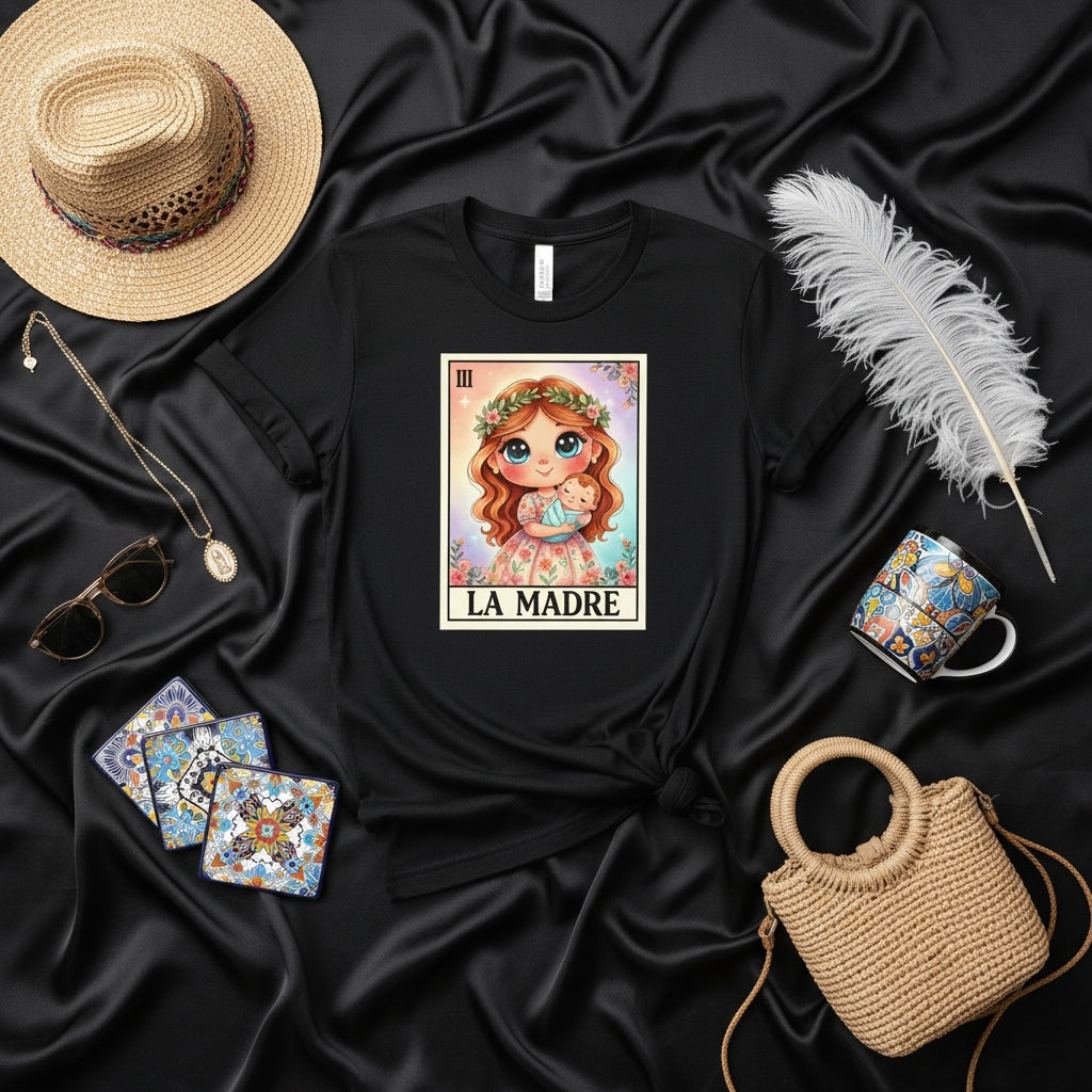 LA MADRE Cute Loteria Card T-Shirt, Mother's Day Gift for Mom, Floral Crown Mama, Baby Shower Gift, Mexican Bingo Inspired Graphic Tee, Number 3 Motherhood Shirt