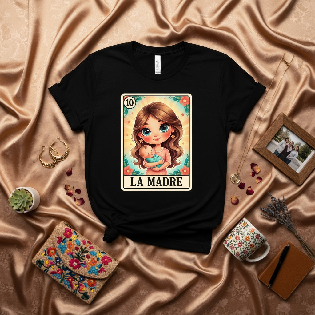 LA MADRE Loteria Card T-Shirt, Cute Cartoon Mother's Day Gift Tee, Spanish Bingo Style Shirt, Mexican Culture Mom Graphic Top, Mother Holding Baby Apparel