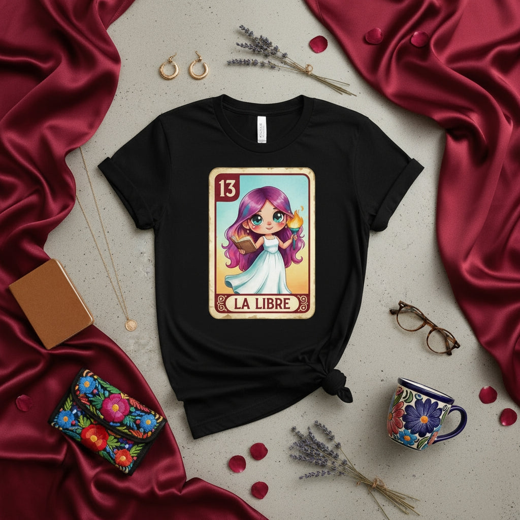 LA LIBRE Loteria Card 13 T-Shirt, Chibi Girl with Pink Hair and Candle, Mexican Game Art Graphic Tee, Cute Latinx Culture Gift, Unisex Black Shirt