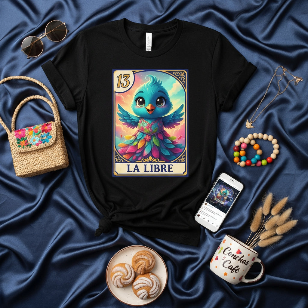LA LIBRE Lotería Card 13 Cute Blue Bird Feathered Wings Unisex T-Shirt, Mexican Bingo Game Inspired Apparel, Vibrant Rainbow Design Graphic Tee Gift