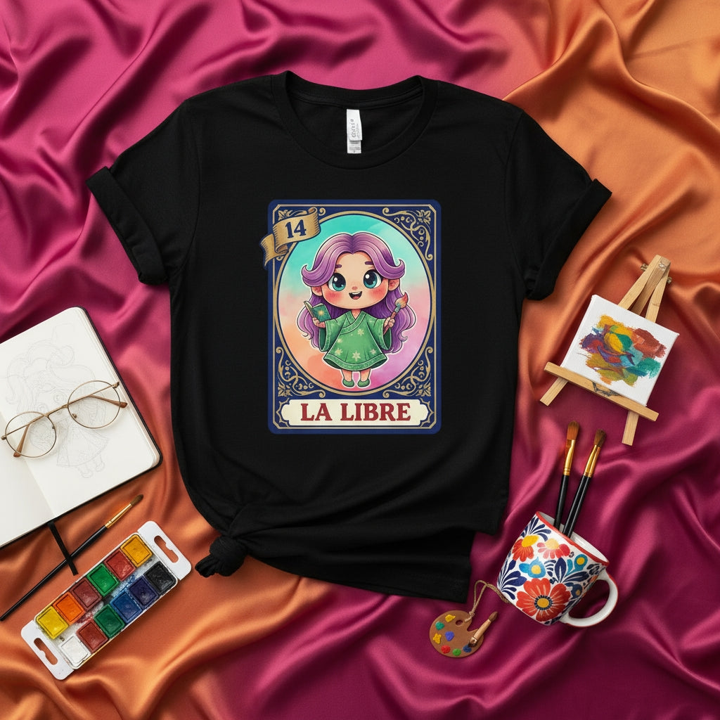 LA LIBRE - Cute Chibi Girl with Purple Hair Lotería Card 14 Graphic Black Unisex T-Shirt - Watercolor Mexican Bingo Game Art Tee Gift for Artists and Astrology Fans
