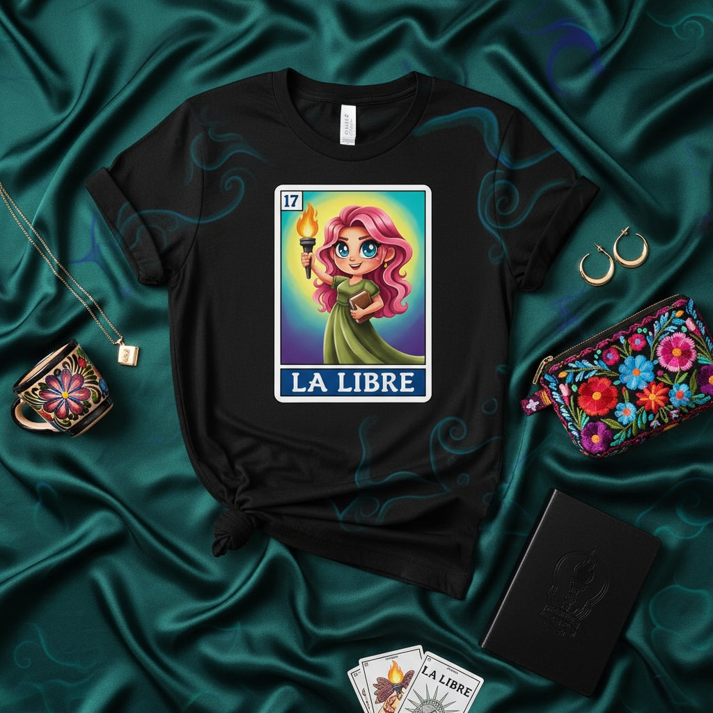 La Libre Modern Loteria Card T-Shirt Cute Cartoon Female Liberty Goddess Torche Graphic Tee Unisex Apparel
