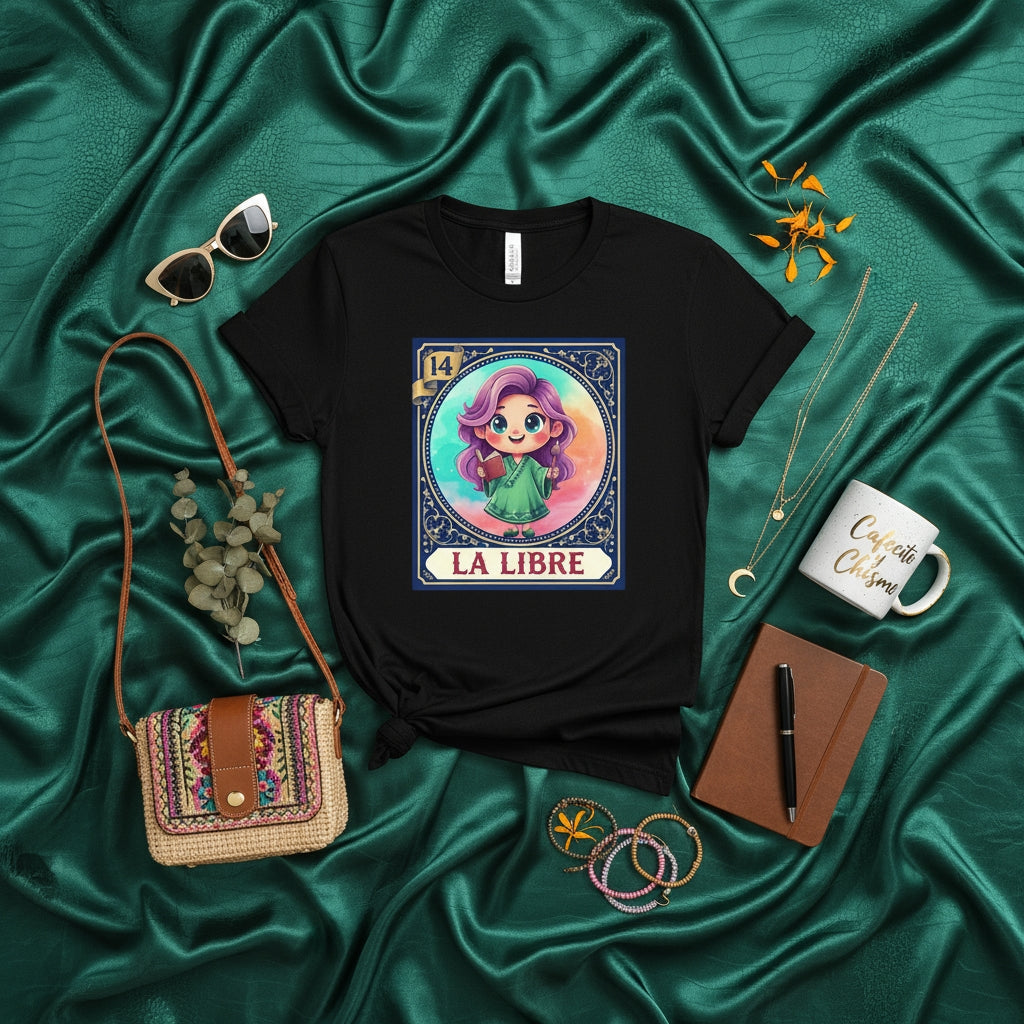 LA LIBRE Cute Chibi Girl Lotería Card 14 Unisex T-Shirt, Mexican Bingo Game Art, Unique Graphic Tee Gift for Women, Kawaii Style Design Black Shirt