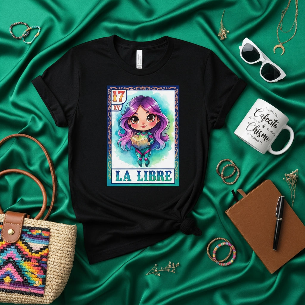 LA LIBRE Cute Chibi Girl Loteria Card T-Shirt, Mexican Bingo Game Inspired Graphic Tee, Purple Hair Book Lover Design, Latina Culture Unisex Shirt Gift