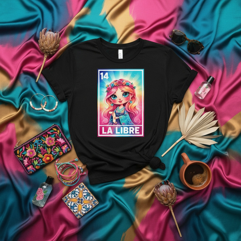 LA LIBRE Mexican Loteria Card Graphic T-Shirt, Boho Festival Fashion, Cute Free Woman Design Tee, Bright Pink & Teal Aesthetic Unisex Shirt