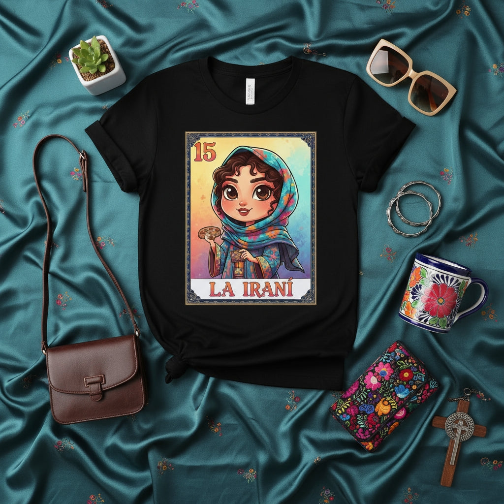 LA IRANÍ - La Loteria Card 15 T-Shirt, Persian Girl Design, Iranian Heritage Gift, Cute Chibi Art Unisex Tee, Cultural Pride Apparel