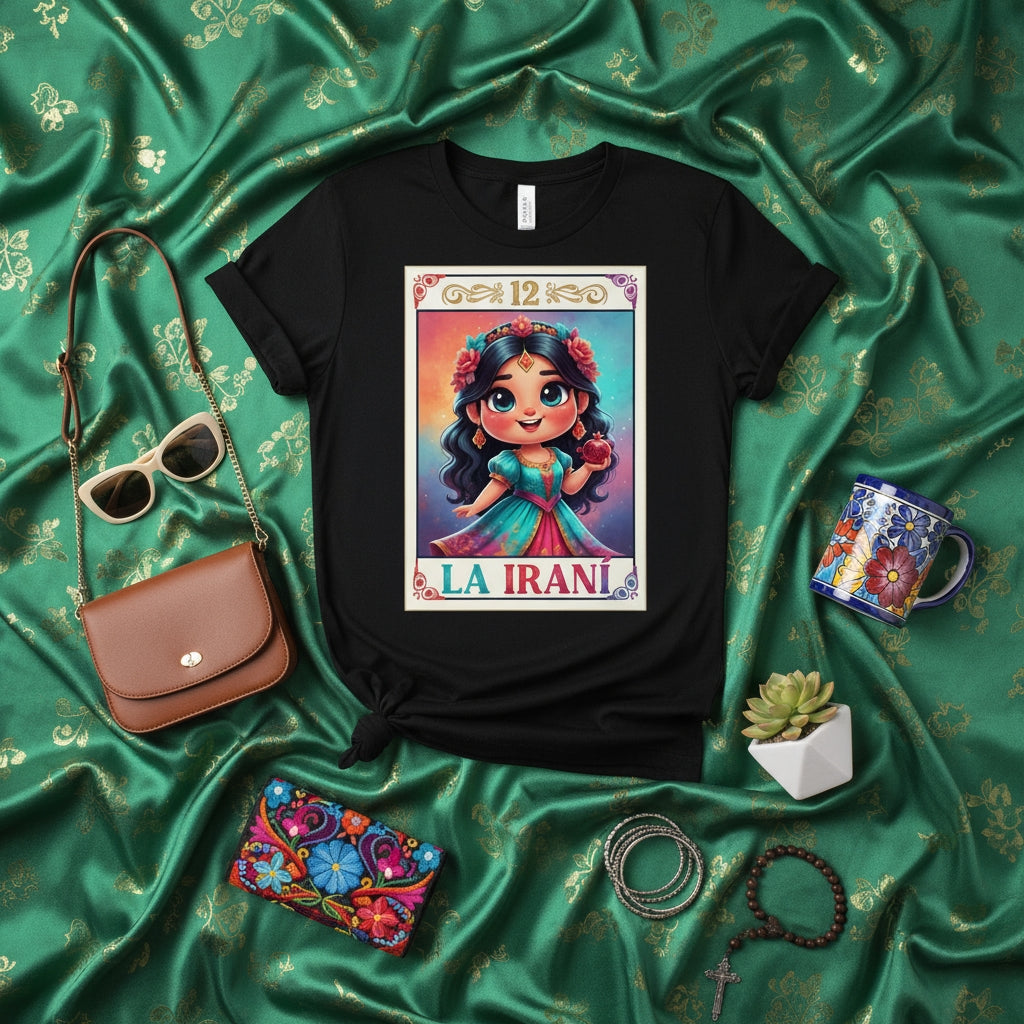 LA IRANÍ Loteria Card T-Shirt, Cute Persian Girl Graphic Tee, Mexican Bingo Inspired Design, Funny Cultural Heritage Unisex Apparel Gift